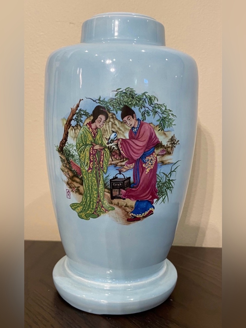 Vintage Ceramic Vase Asian Art Figural Hand Painted Blue